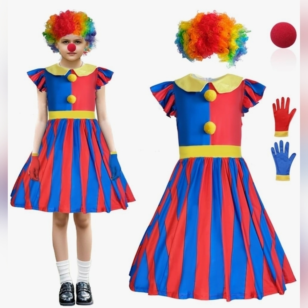 Girls Colorful Clown Costume with wig